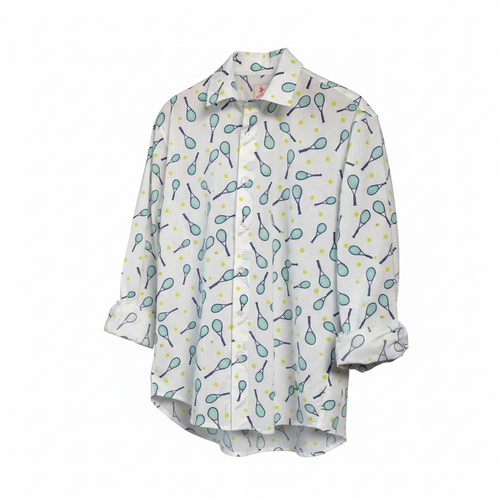 A long-sleeve button-up shirt with a white base, featuring an all-over print of tennis rackets and small yellow dots in purple and green.