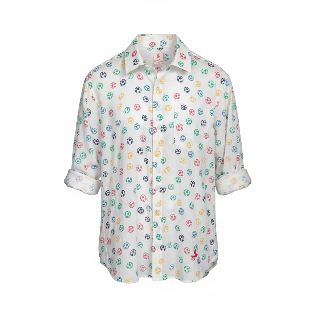 A white long-sleeve button-up shirt with a colorful pattern of small colourful footballs shown on a plain white background.