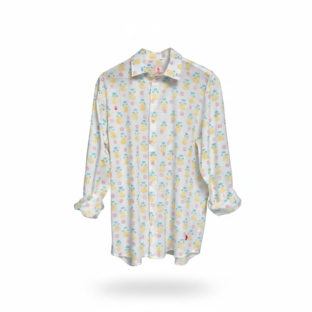 A long-sleeve button-up shirt with a white base and a colorful all-over floral print, shown floating against a solid white background.