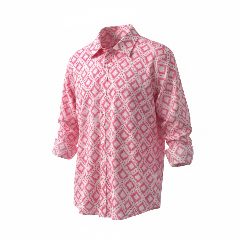 A pink and white long-sleeve button-up shirt with a repeating geometric diamond pattern, shown on a plain white background.