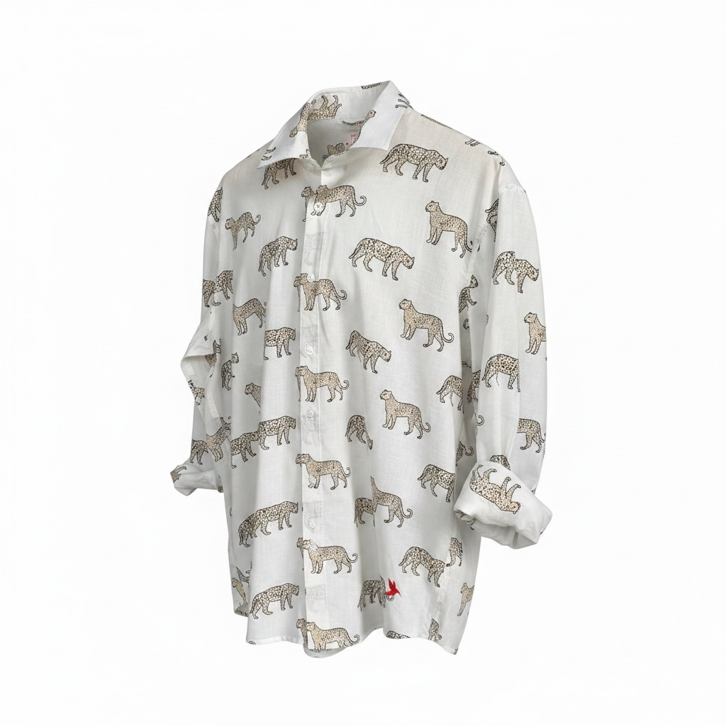 A long-sleeve button-up shirt in off-white, featuring an allover print of walking leopard-like animals in beige and brown, with a small red embroidered sunbird near the bottom hem.