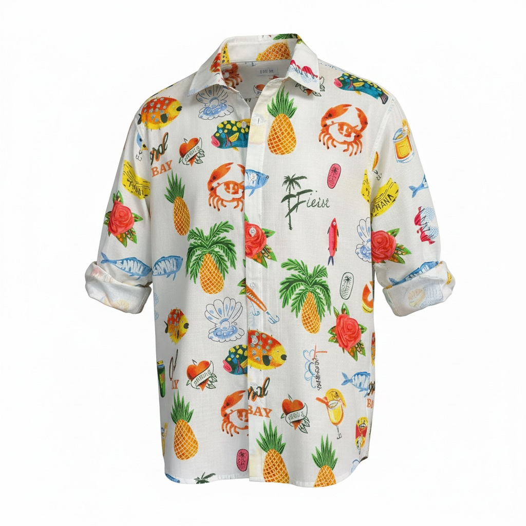 A long sleeve button-up shirt with a white base and a colorful all-over tropical print featuring pineapples, crabs, palm trees, fish, seashells,